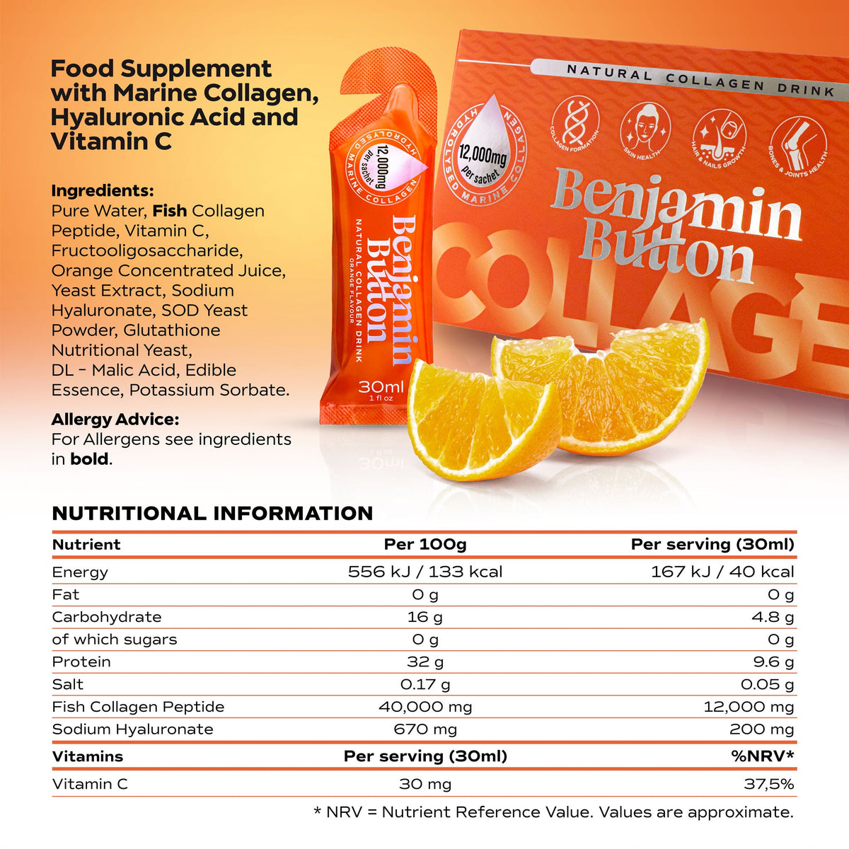 Benjamin Button Marine Collagen Drink 12,000mg – ingredients and nutrition panel