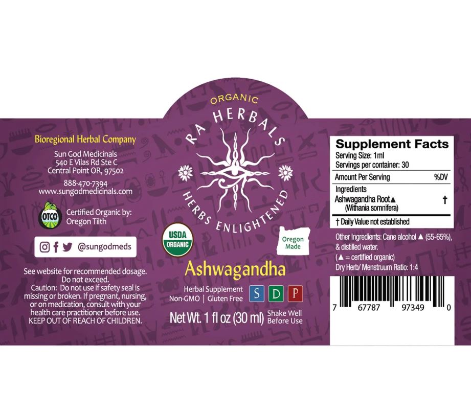 Sun God Medicinals Organic Ashwagandha Tincture – 30ml