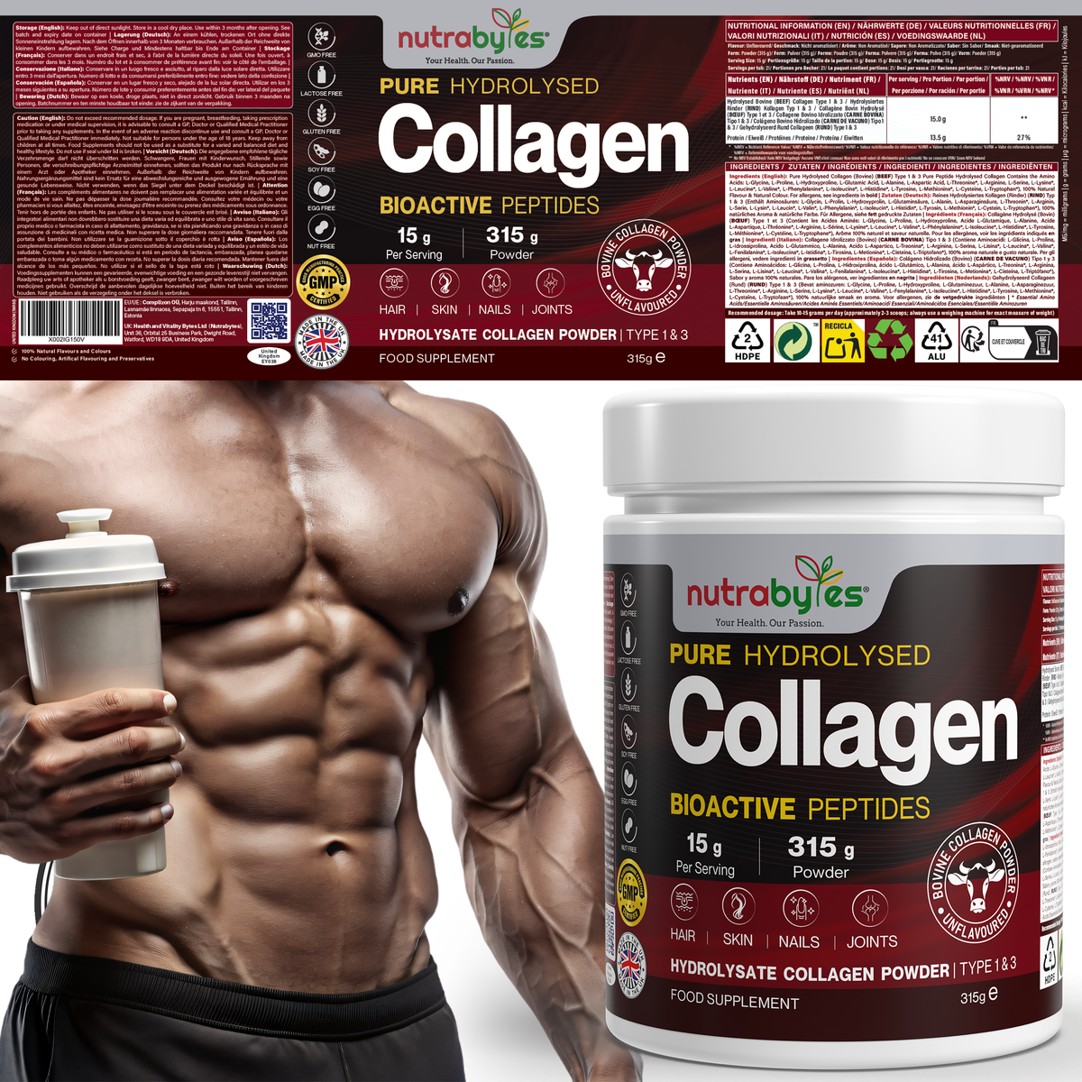 NUTRABYTES Grass-Fed Bovine Collagen Powder – 315g additional view of the product packaging and key label details