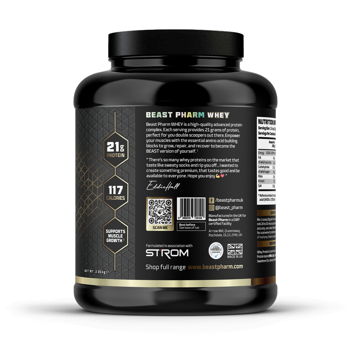 Beast Pharm Whey protein supplement container with label on a white background