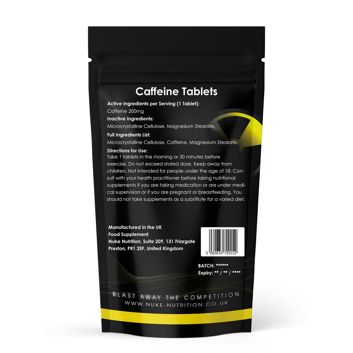 Nuke Nutrition Caffeine 200mg Tablets – ingredient and serving information