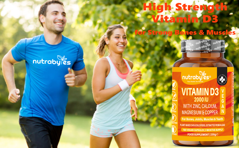 Vegan Vitamin D3 2000 IU with Calcium, Magnesium, Zinc & Copper – 180 Capsules | NUTRABYTES – Muscleand Bone Strength infographic