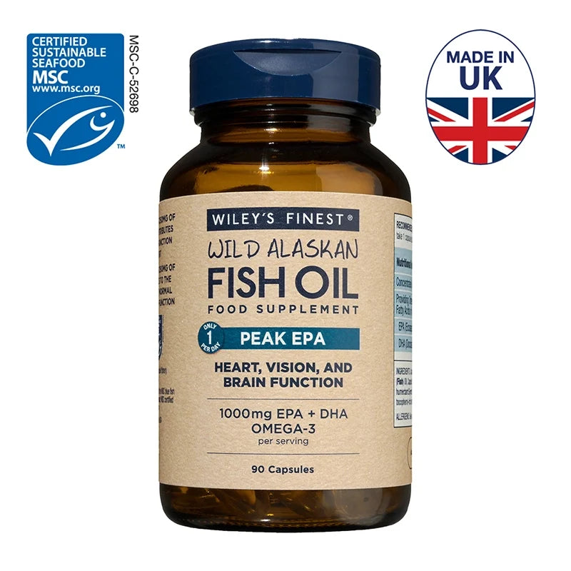 Bottle of Wiley's Finest Wild Alaskan Fish Oil supplement with MSC and UK Made in UK logos.