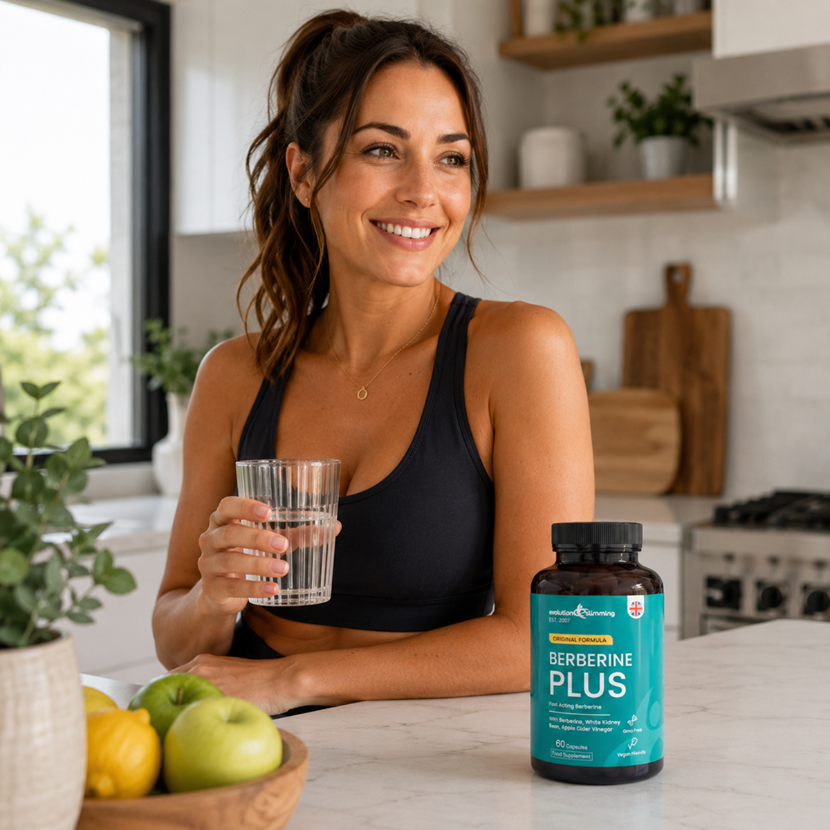Woman holding water beside Evolution Slimming Berberine Plus bottle