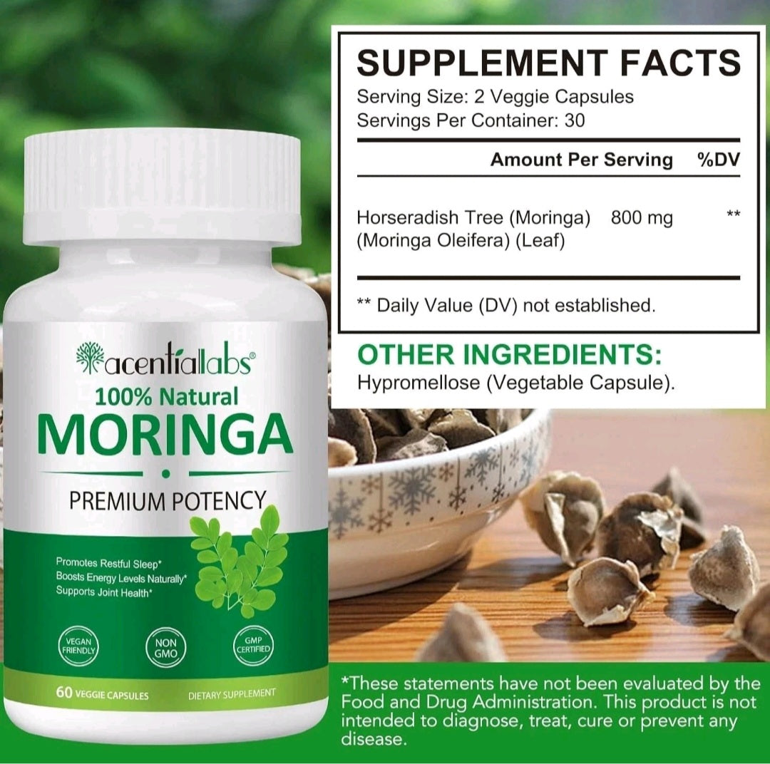Acenta Labs Moringa supplement bottle with supplement facts label on a blurred natural background