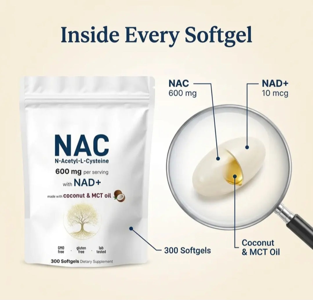 Cutaway illustration of a NAC softgel with ingredient callouts beside the 300-softgel pouch.