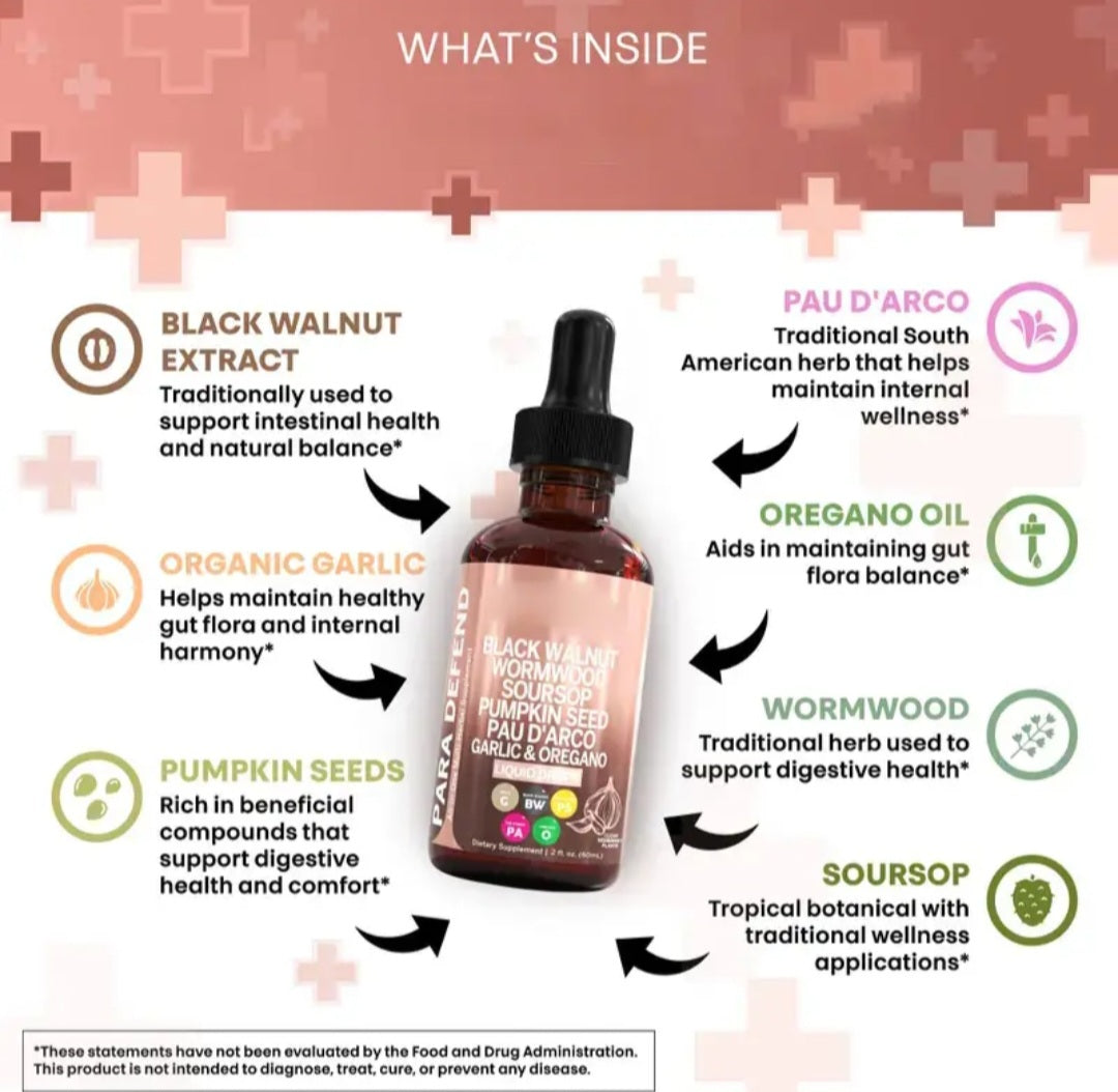 An informational product graphic showing a brown glass dropper bottle labeled Black Walnut Extract Herbal Syrup, surrounded by icons and text listing included ingredients such as black walnut extract, organic garlic, pumpkin seeds, pau d'arco, oregano oil, wormwood, and soursoap. The top reads 'WHAT'S INSIDE' on a white background with a soft pink floral border.