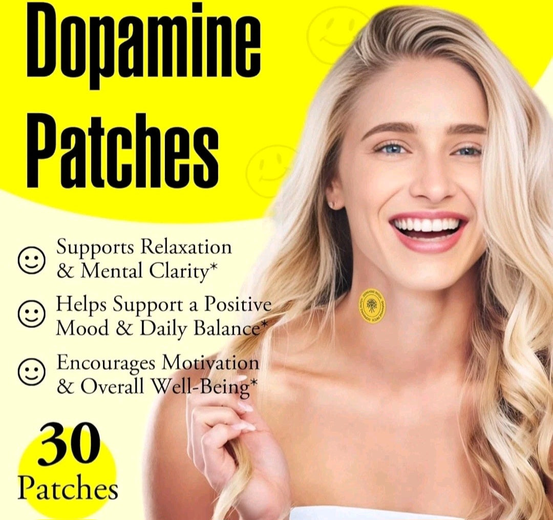 Advertisement for dopamine patches with a woman holding a patch, set against a yellow background.