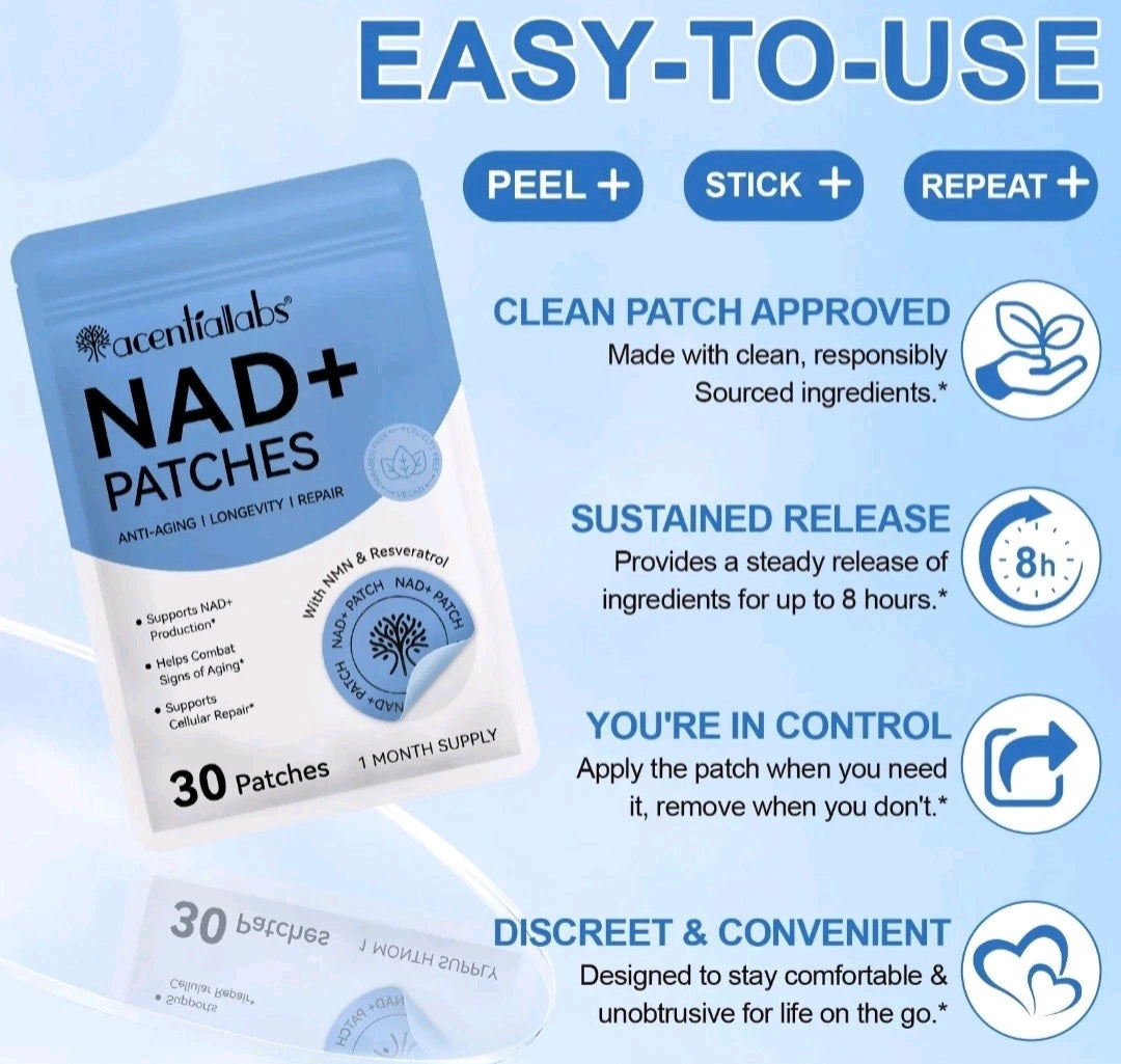 Acentif Labs NAD+ Patches packaging with features listed on a blue background