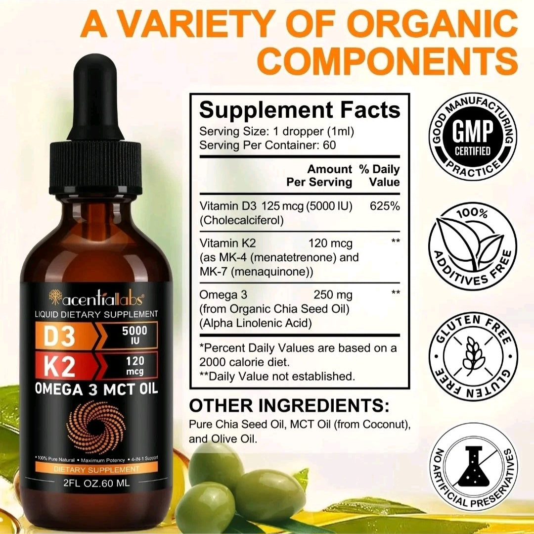 Supplement bottle with dropper labeled 'accentualabs' on a light green background with text about supplement facts and product features.