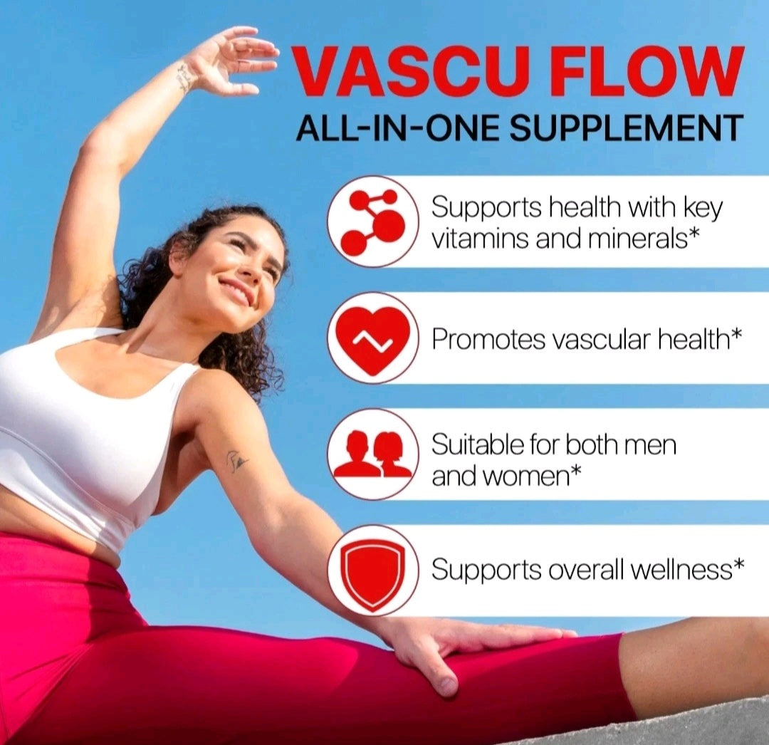 Woman stretching with Vascu Flow supplement information on a blue background