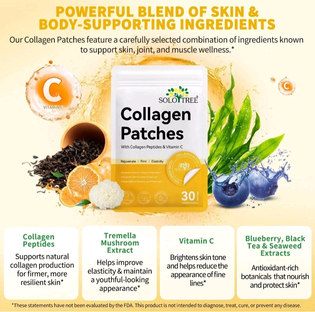 Advertisement for Solotree Collagen Patches with ingredients and benefits listed.