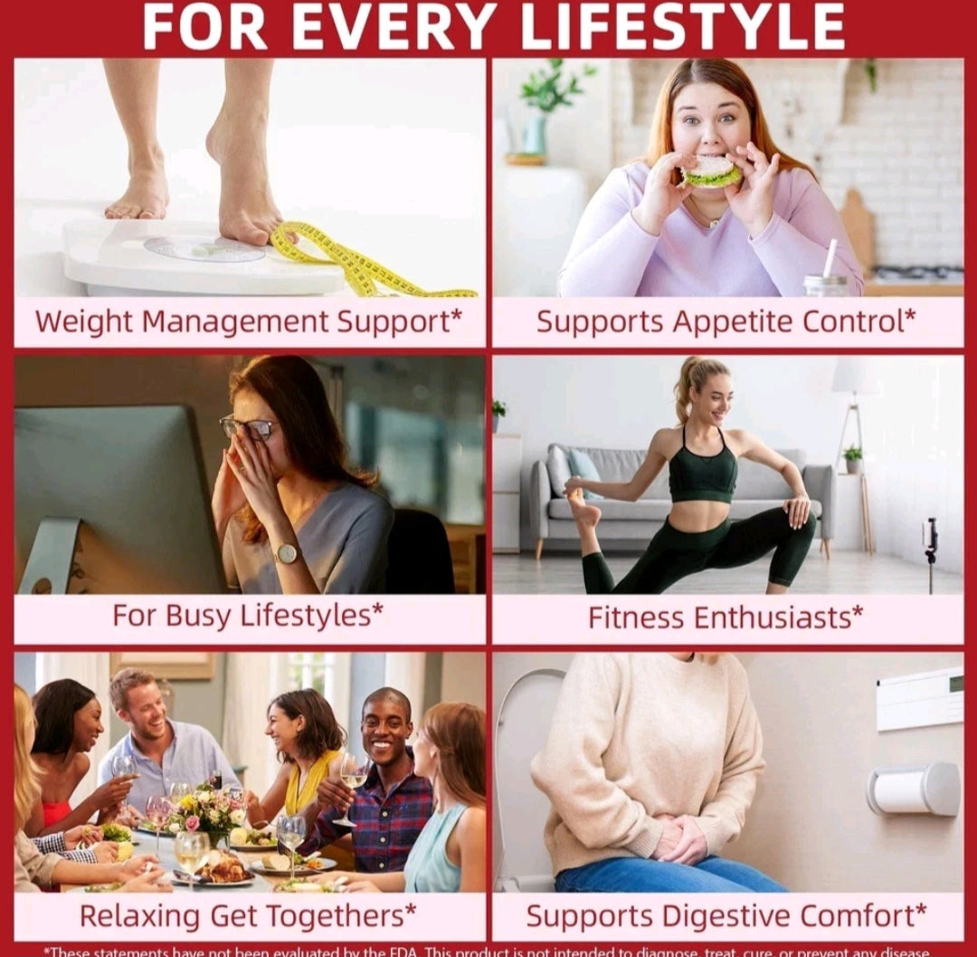 A 6-panel marketing collage with the headline 'FOR EVERY LIFESTYLE' at the top. The panels show people using or benefiting from a product for weight management, appetite control, busy lifestyles, fitness, social gatherings, and digestive comfort, each with a caption under a photo.