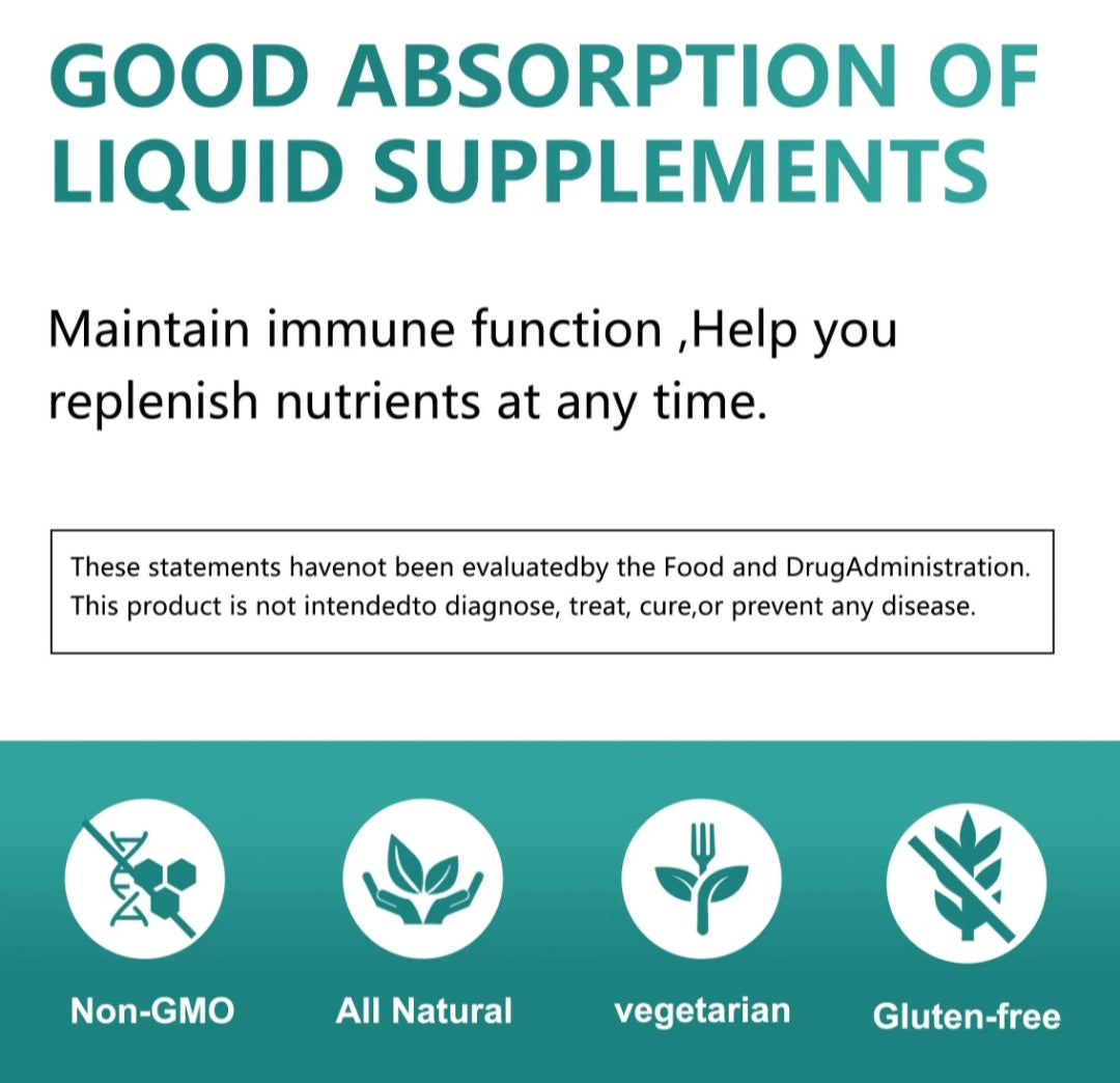 A promotional graphic with the headline 'GOOD ABSORPTION OF LIQUID SUPPLEMENTS' and text about maintaining immune function and replenishing nutrients. A boxed disclaimer appears in the center, and the bottom features four teal-and-white icons labeled Non-GMO, All Natural, vegetarian, and Gluten-free.