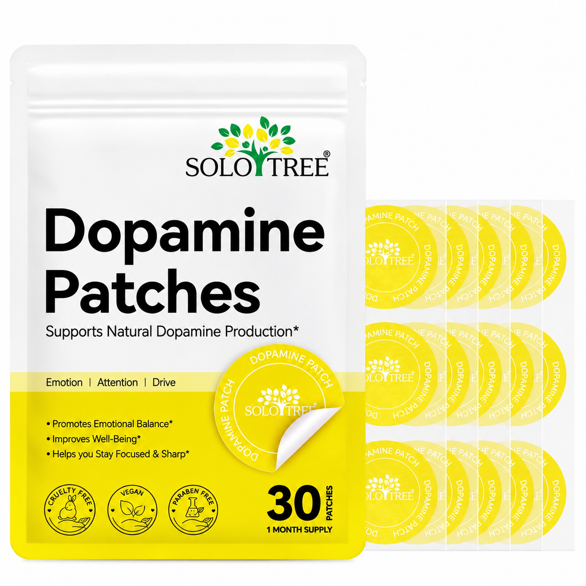 Solotree Dopamine Patches – 30 Patches pouch and matching patch sheets on a white background