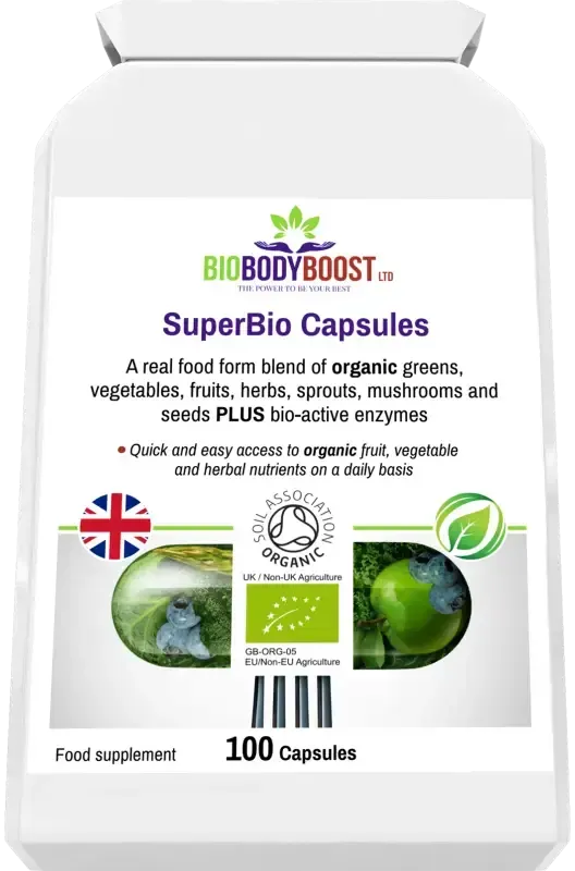 BioBodyBoost SuperBio Organic Greens Blend – 100 Capsules – product packaging, view 6