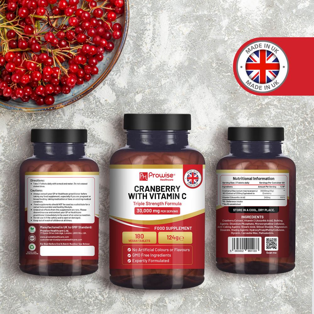 Prowise Cranberry 30,000mg Equivalent & Vitamin C – 180 Tablets – back labels with ingredients and serving instructions