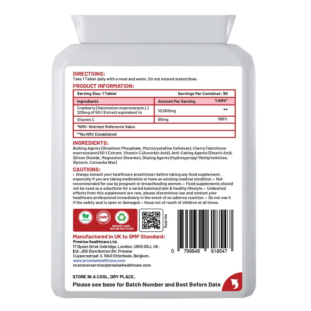 Prowise Cranberry 10,000mg Equivalent & Vitamin C – 90 Tablets – back label with cranberry equivalent and vitamin C amounts