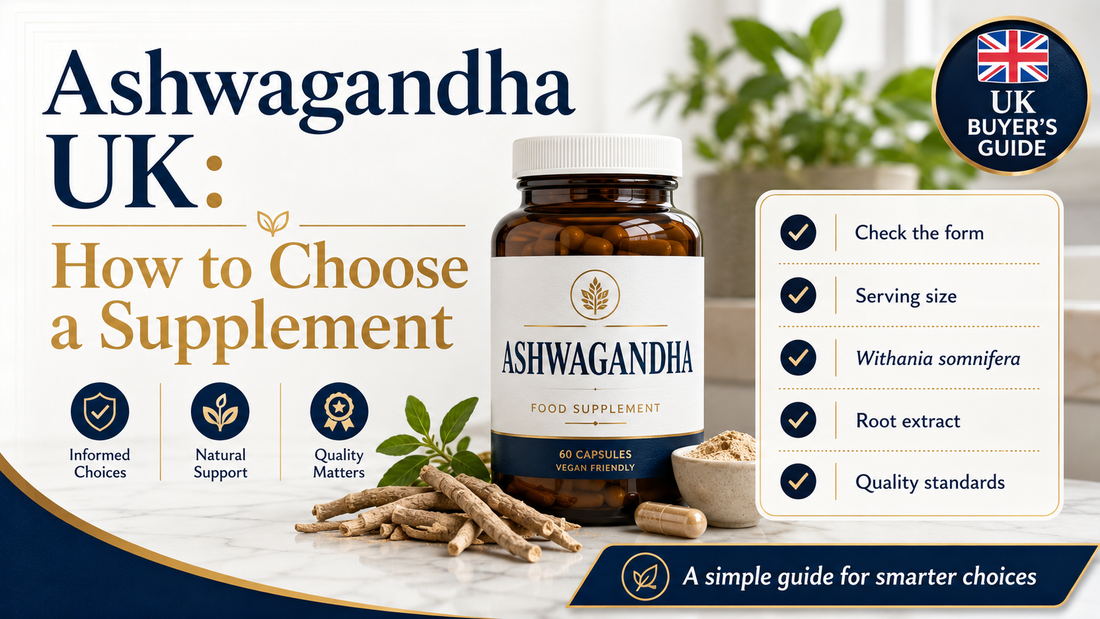 Ashwagandha UK supplement guide showing a capsule bottle, ashwagandha root and key checks including form, serving size, root extract and quality standards.