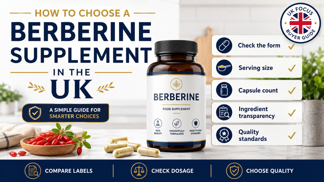 How to choose a berberine supplement in the UK, highlighting form, serving size, capsule count, ingredient transparency and quality standards.