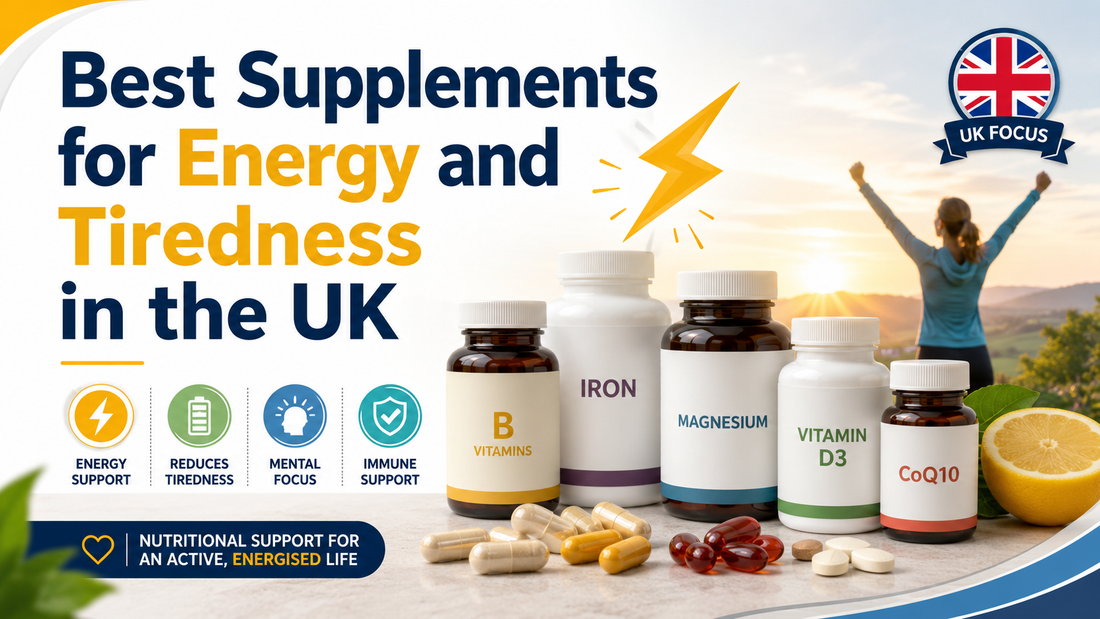 Best supplements for energy and tiredness in the UK, featuring B vitamins, iron, magnesium, vitamin D3 and CoQ10 beside an energised woman at sunrise.