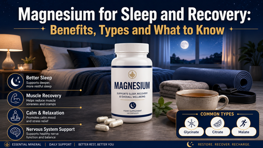 Magnesium for sleep and recovery featuring a supplement bottle, calming bedroom, herbal tea, recovery accessories and common magnesium types.