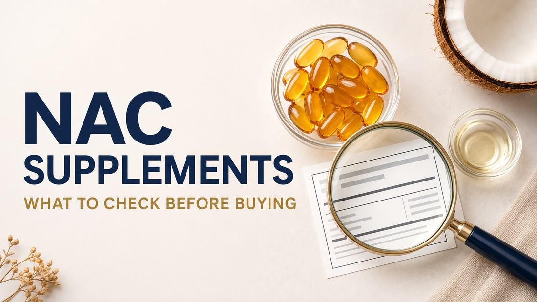 NAC supplements buying guide with softgels, a magnifying glass and a supplement label