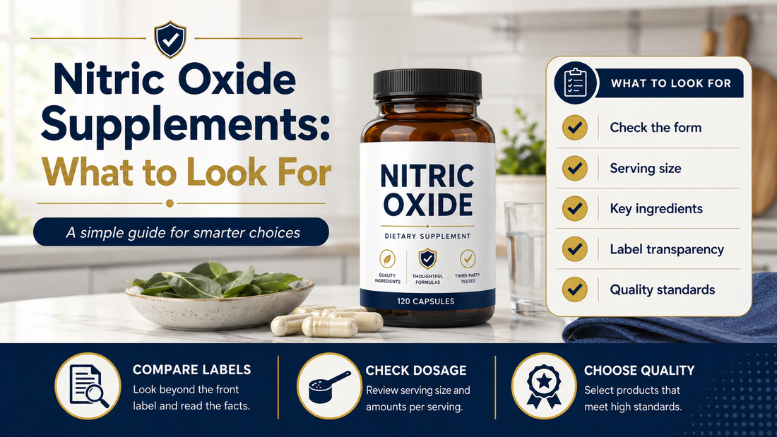 Nitric oxide supplements guide showing a capsule bottle and key checks including form, serving size, ingredients, label transparency and quality standards.