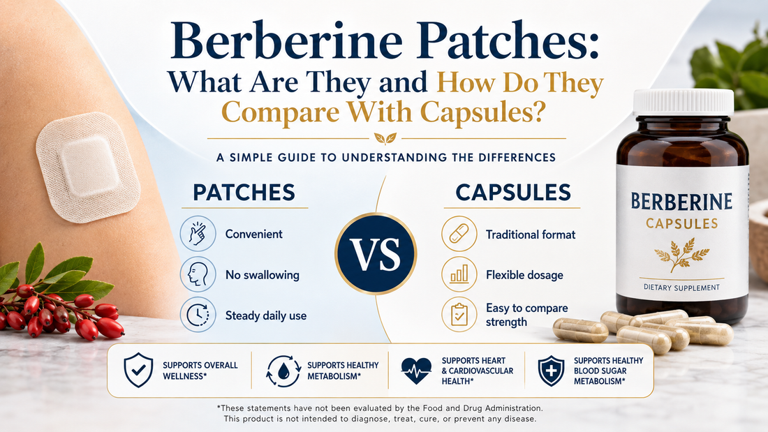 Berberine patches vs capsules comparison showing a skin patch, supplement bottle and key differences in convenience, dosage and format.