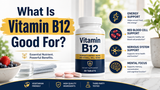 Vitamin B12 supplement showing its role in energy support, red blood cell production, nervous system health and mental focus.