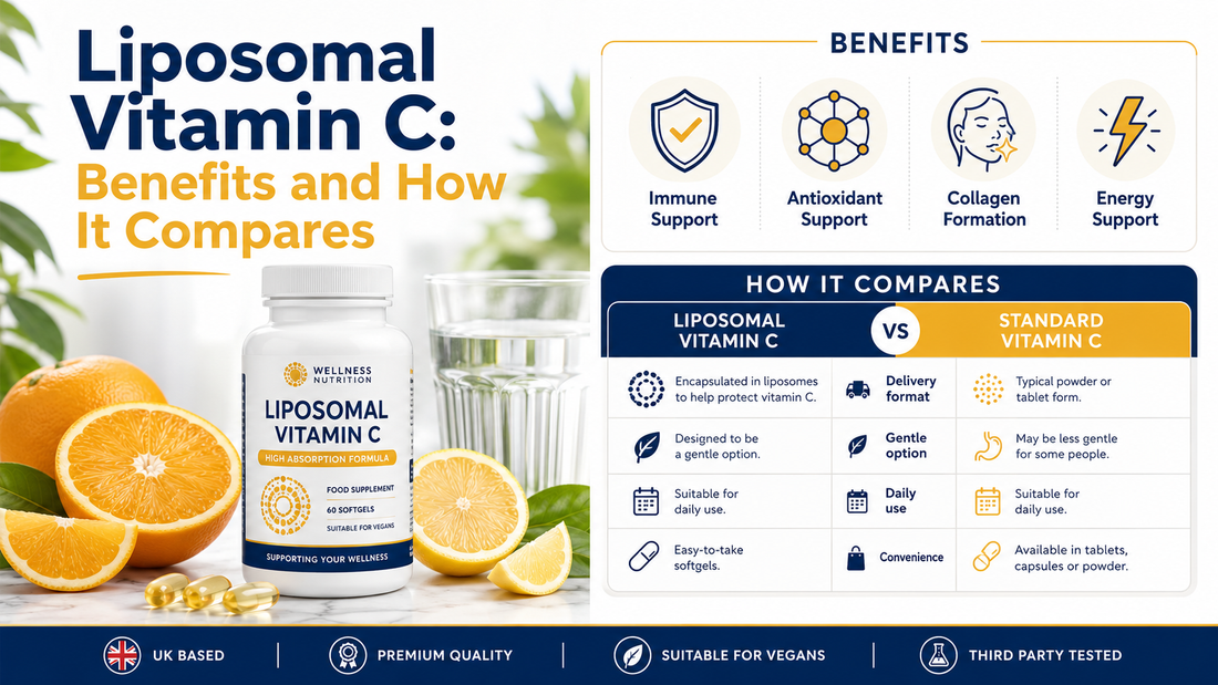 Liposomal Vitamin C benefits and comparison with standard vitamin C, featuring immune, antioxidant, collagen and energy support.