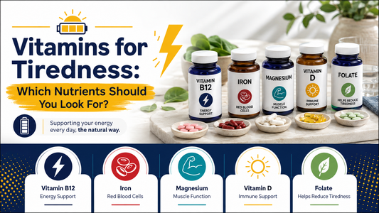 Vitamins for tiredness featuring vitamin B12, iron, magnesium, vitamin D and folate supplements with their key nutritional roles.