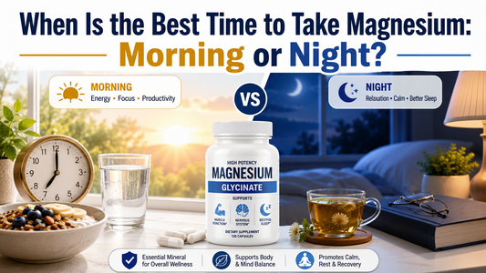 Morning versus night magnesium comparison featuring a magnesium supplement, breakfast and water at sunrise, and herbal tea beside a moonlit bedroom.