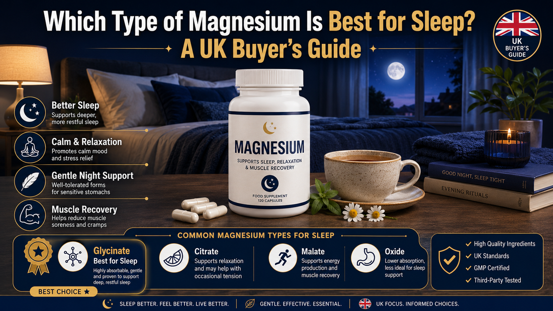 Which type of magnesium is best for sleep, featuring magnesium glycinate, citrate, malate and oxide in a calming nighttime bedroom setting.