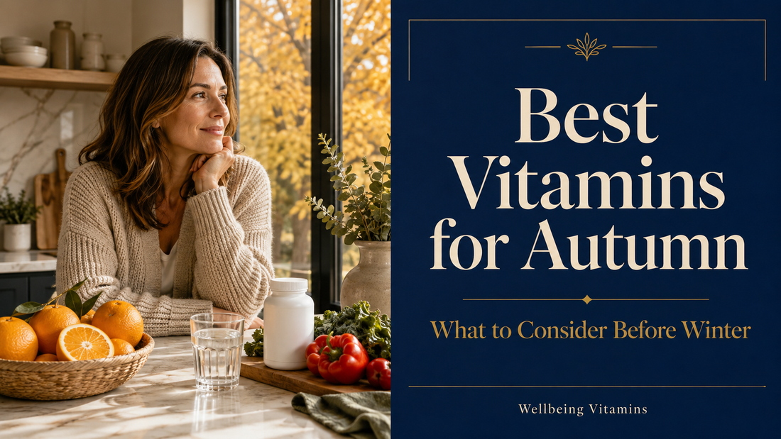 Woman seated beside an autumn window with fruit, vegetables and the heading “Best Vitamins for Autumn.”