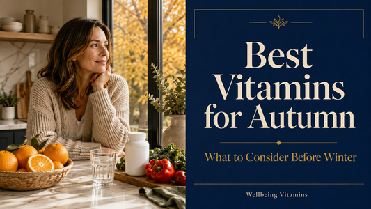 Woman seated beside an autumn window with fruit, vegetables and the heading “Best Vitamins for Autumn.”