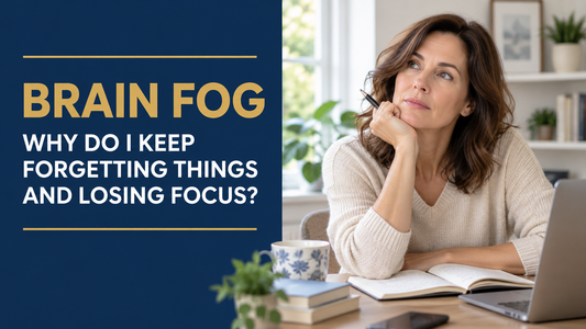 Woman pausing thoughtfully at a desk beside the words “Brain Fog: Why Do I Keep Forgetting Things and Losing Focus?”