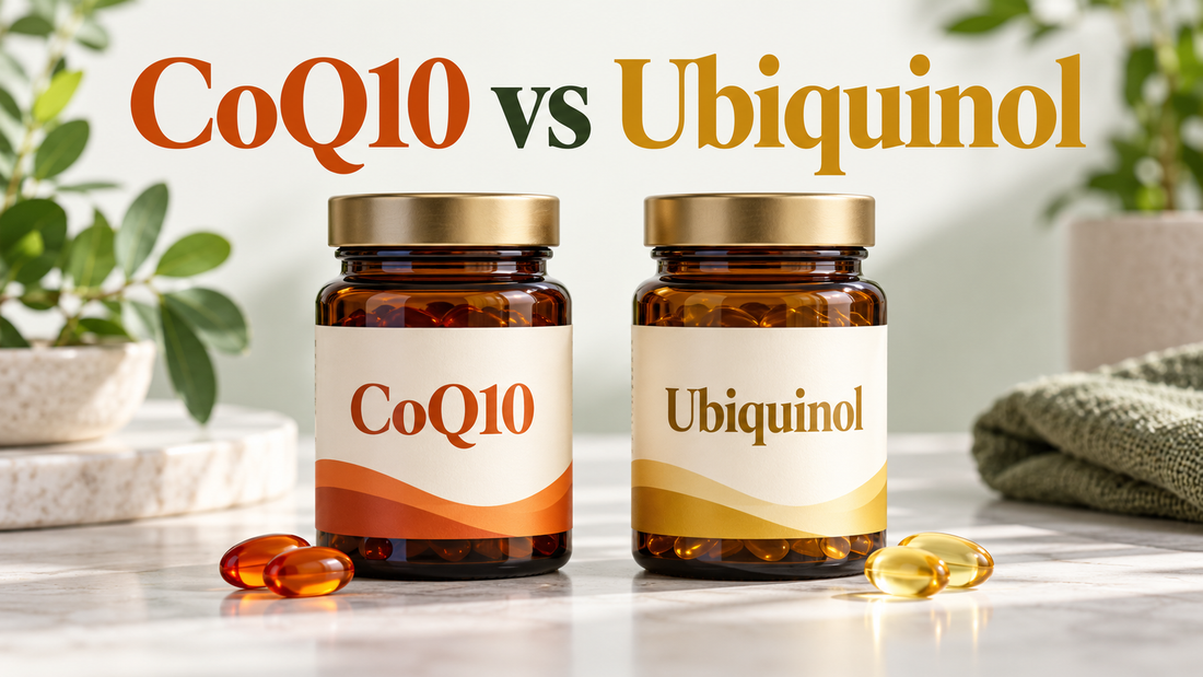 Unbranded CoQ10 and ubiquinol supplement jars shown side by side