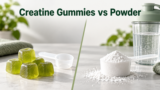 Creatine gummies compared with a scoop of creatine powder and a shaker