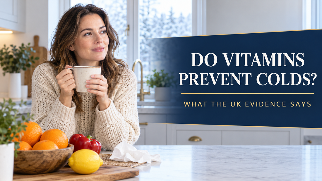 Woman holding a warm mug beside fruit and the title “Do Vitamins Prevent Colds? What the UK Evidence Says.”