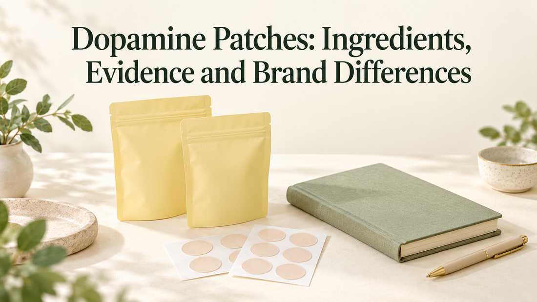 Plain pastel pouches and round patch sheets beside a research notebook