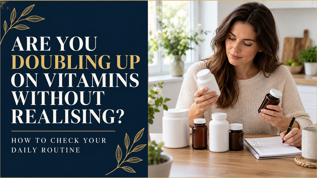 Person comparing several supplement labels beside the words are you doubling up on vitamins.