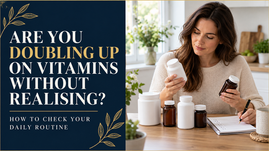 Person comparing several supplement labels beside the words are you doubling up on vitamins.