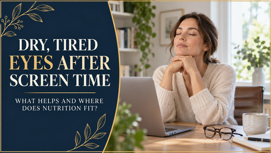 Office worker resting dry, tired eyes after using a laptop beside an eye comfort guide.