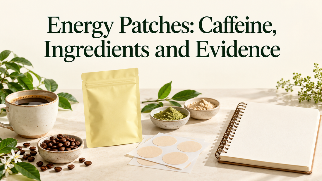 A coffee cup, plain pouch and round patch sheets beside an ingredient notebook
