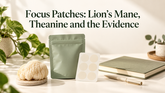 A plain pouch and patch sheet beside a notebook, pen and lion’s mane mushroom