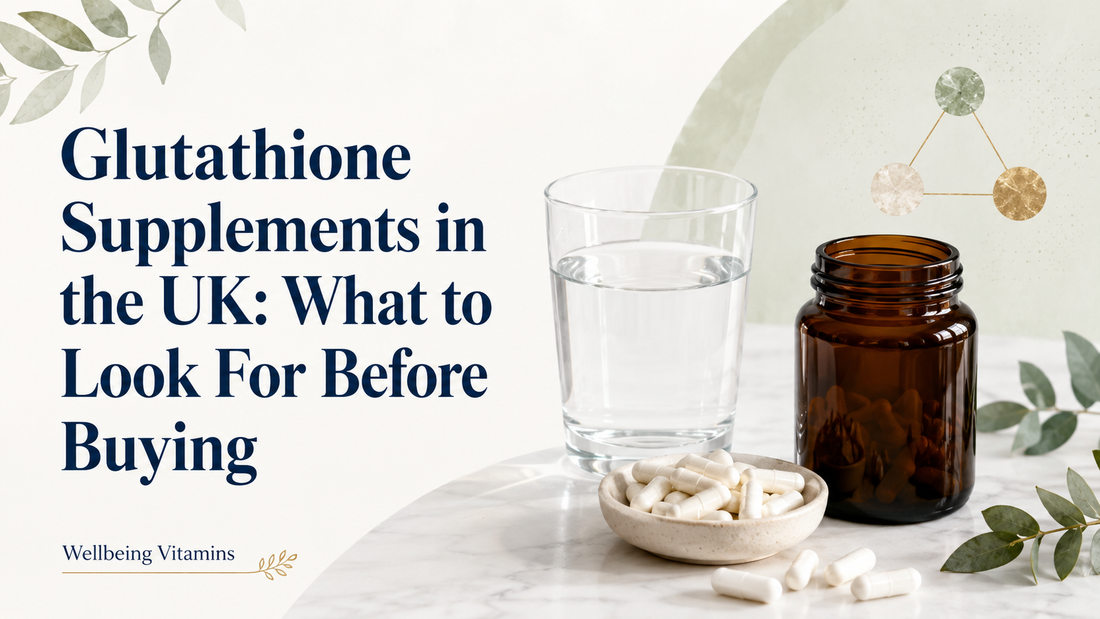 Unbranded glutathione supplement capsules beside an amber jar and glass of water with the article title.