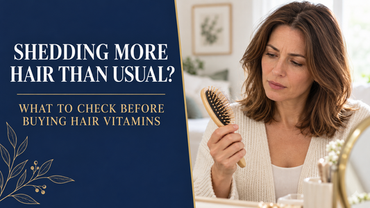 Woman checking loose strands in a hairbrush beside guidance about increased hair shedding and hair vitamins.