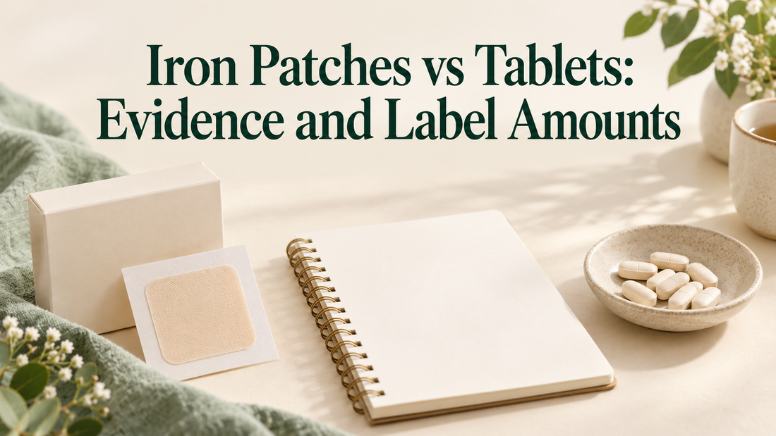 Square patch sheet and a plain box beside tablets and a comparison notebook