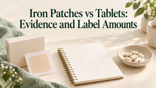 Square patch sheet and a plain box beside tablets and a comparison notebook
